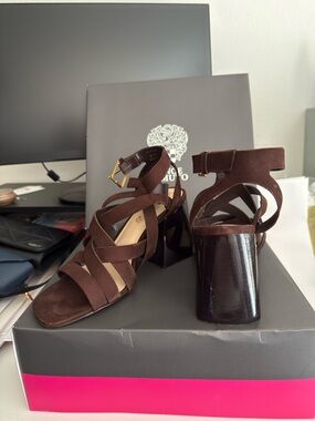 Vince Camuto Dark Brown Suede Strappy Block Heel Sandals